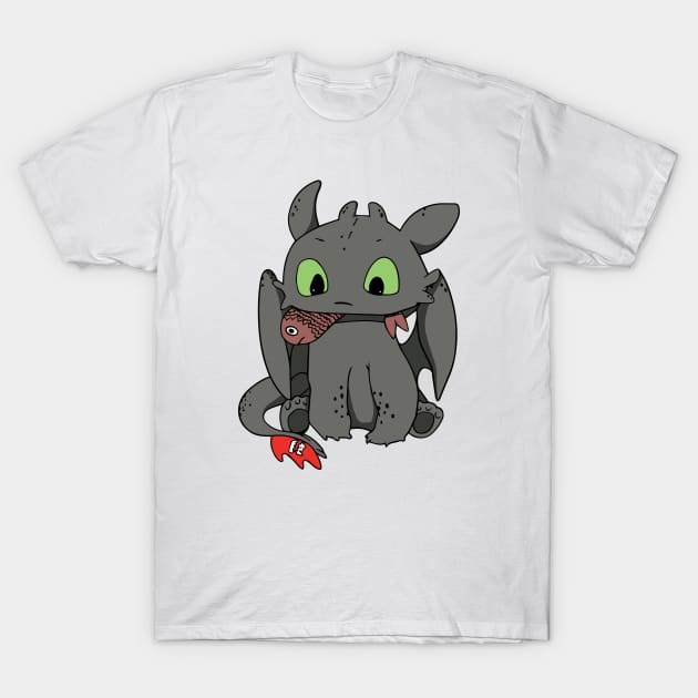 Cute Hungry Toothless, Night fury with fish, Httyd dragon T-Shirt by PrimeStore